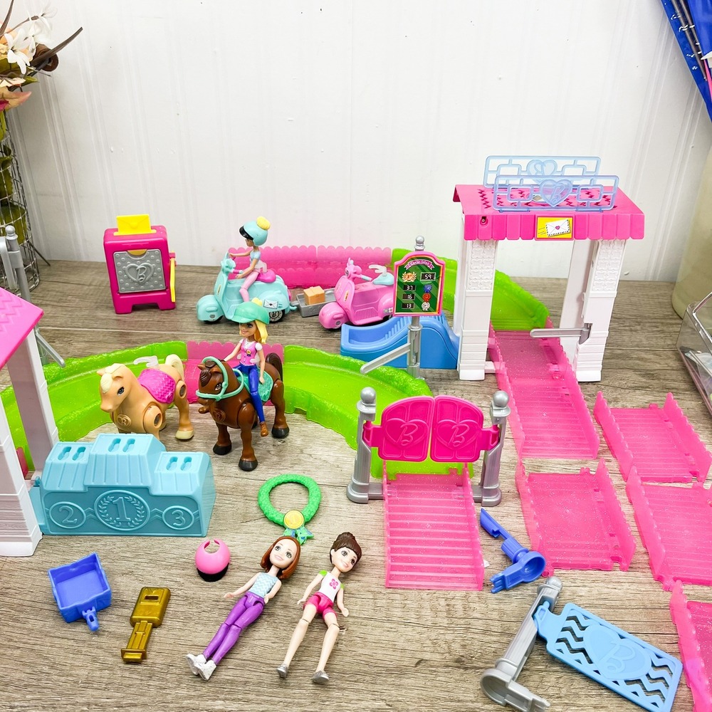 Barbie On The Go Playset Lot Motorized Pony Race Track Post Office Scooters Doll